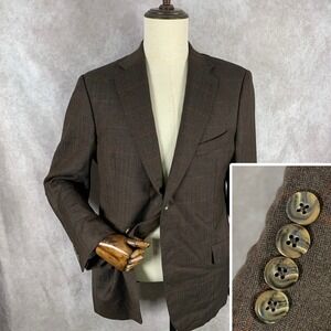 J Hilburn Blazer Jacket Men 42R Brown Windowpane Wool Vitale Barberis Canonico